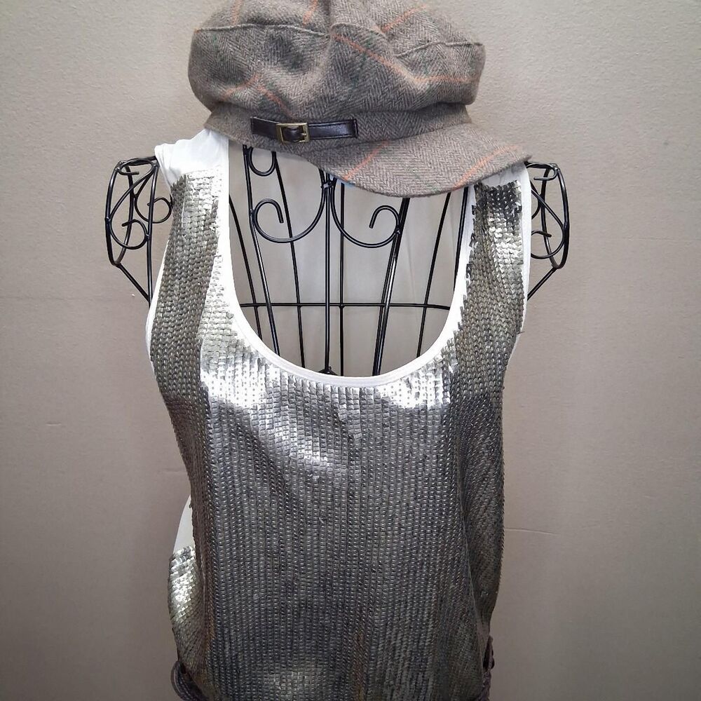 Y2K Silver Sequin Tank Top Blouse Metallic Glam Indie Sleaze M J.Crew Sequin - Picture 2 of 7